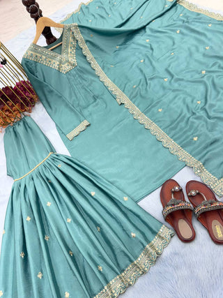 Sky Blue Premium Designer Party Wear Chinon Silk Top, Palazzo & Dupatta Set Clothsvilla