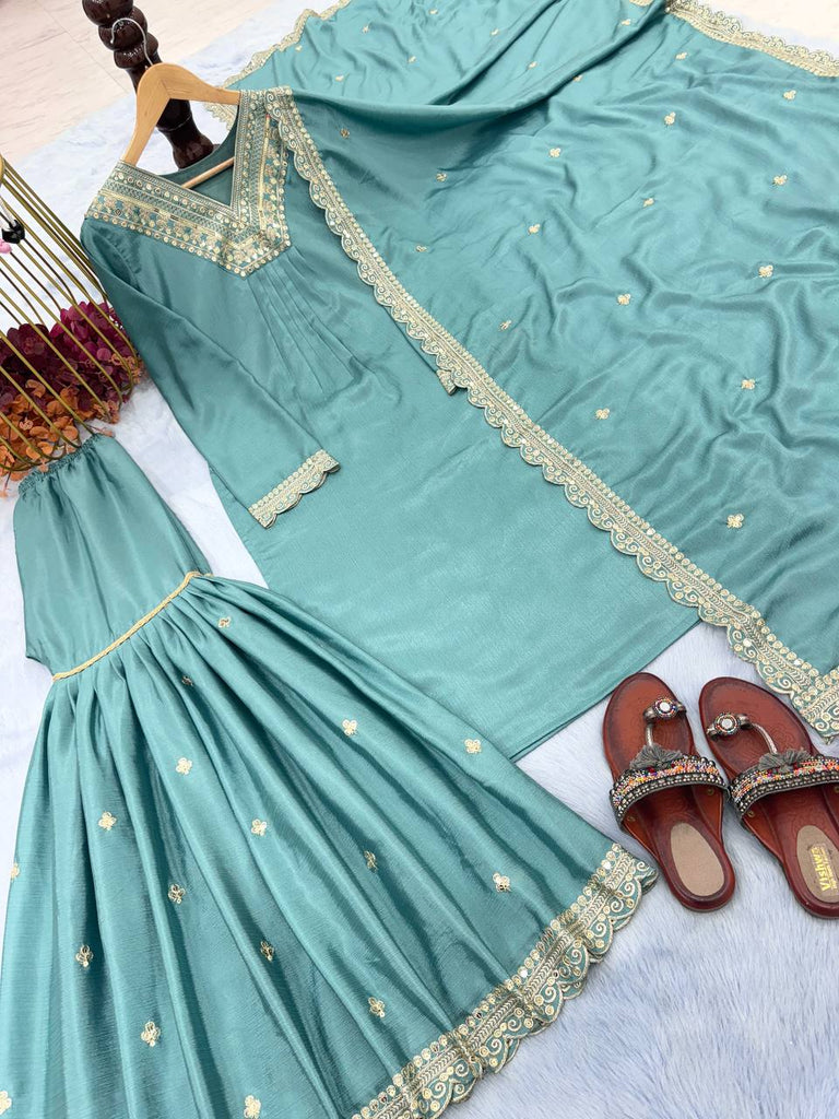 Sky Blue Premium Designer Party Wear Chinon Silk Top, Palazzo & Dupatta Set Clothsvilla