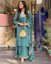 Load image into Gallery viewer, Sky Blue Premium Designer Party Wear Chinon Silk Top, Palazzo &amp; Dupatta Set Clothsvilla