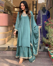 Load image into Gallery viewer, Sky Blue Premium Designer Party Wear Chinon Silk Top, Palazzo &amp; Dupatta Set Clothsvilla