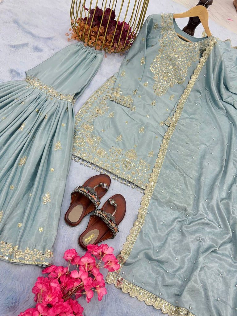 Sky Blue Premium Designer Party Wear Chinon Silk Top, Plazzo & Dupatta Set Clothsvilla