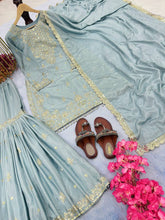 Load image into Gallery viewer, Sky Blue Premium Designer Party Wear Chinon Silk Top, Plazzo &amp; Dupatta Set Clothsvilla