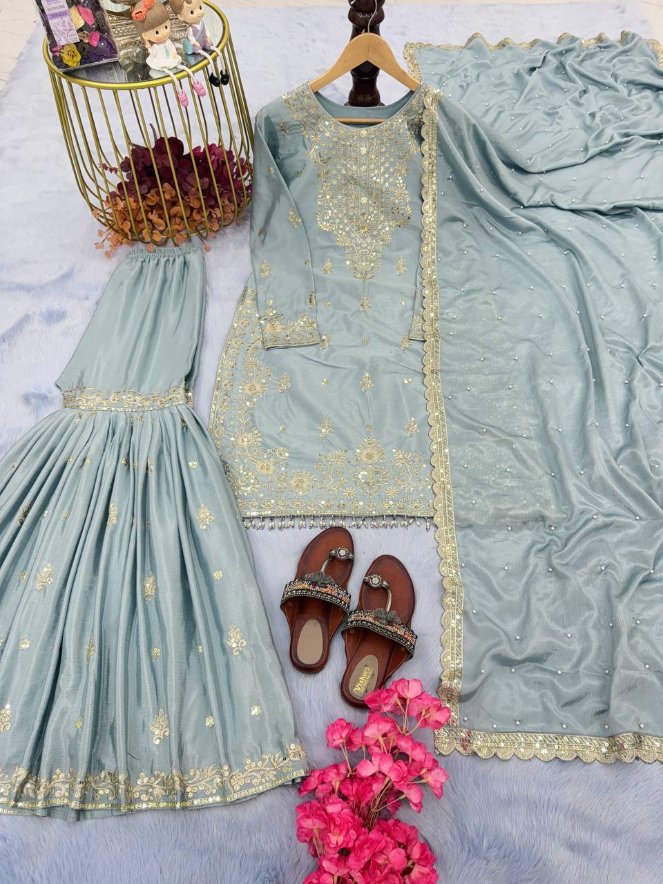 Sky Blue Premium Designer Party Wear Chinon Silk Top, Plazzo & Dupatta Set Clothsvilla Main image