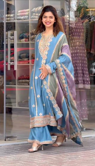 Sky Blue Premium Designer Partywear Readymade Top, Plazzo & Dupatta Set ClothsVilla