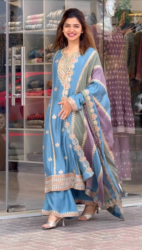 Sky Blue Premium Designer Partywear Readymade Top, Plazzo & Dupatta Set ClothsVilla Main image