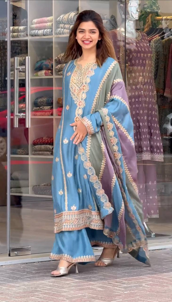 Sky Blue Premium Designer Partywear Readymade Top, Plazzo & Dupatta Set ClothsVilla