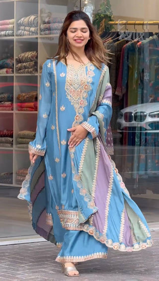 Sky Blue Premium Designer Partywear Readymade Top, Plazzo & Dupatta Set ClothsVilla