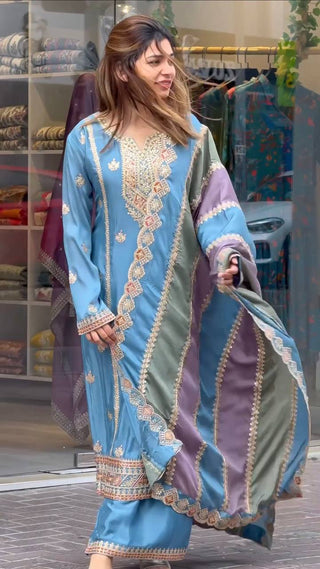 Sky Blue Premium Designer Partywear Readymade Top, Plazzo & Dupatta Set ClothsVilla
