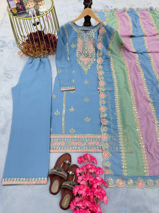 Sky Blue Premium Designer Partywear Readymade Top, Plazzo & Dupatta Set ClothsVilla