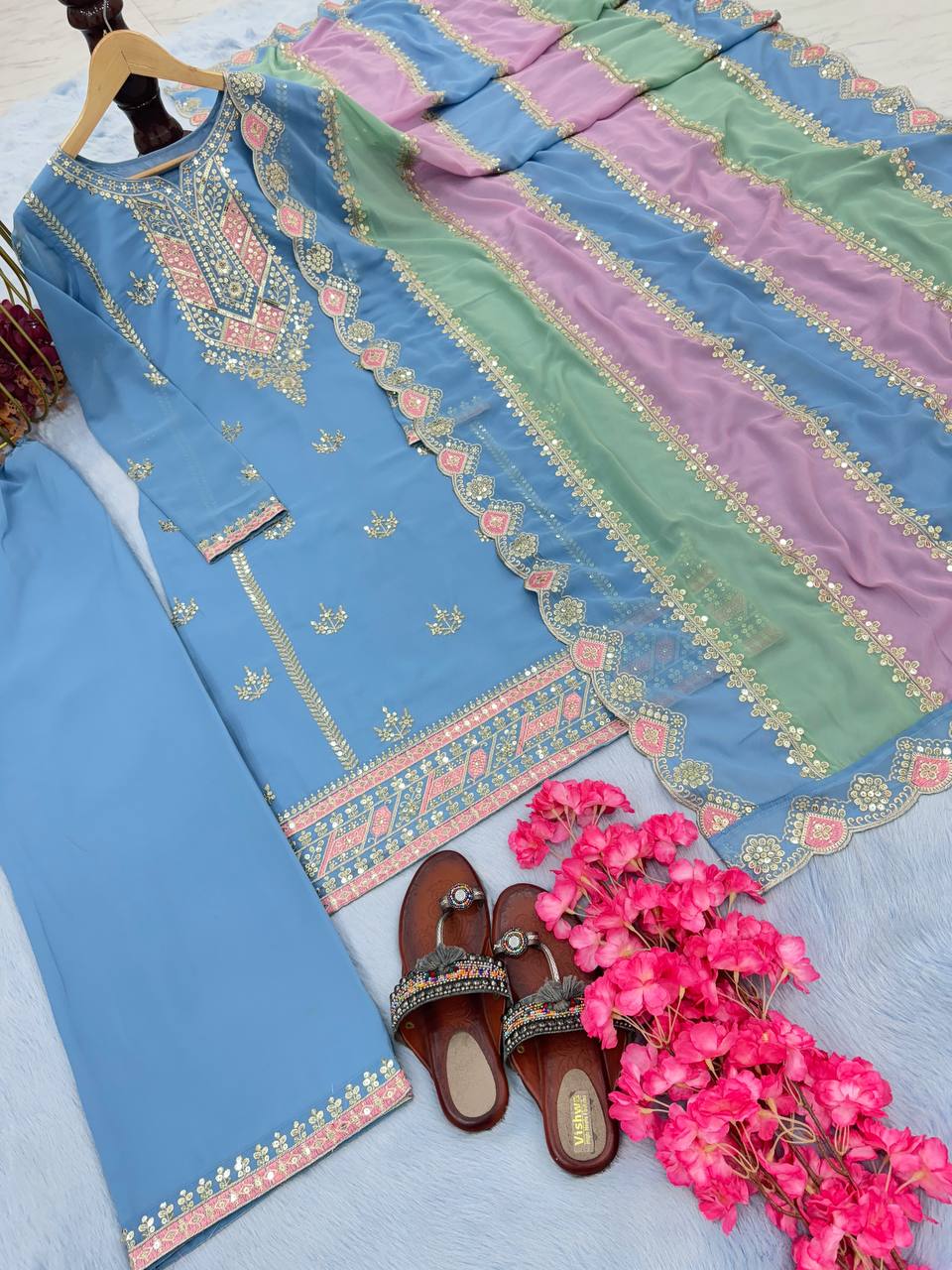 Sky Blue Premium Designer Partywear Readymade Top, Plazzo & Dupatta Set ClothsVilla