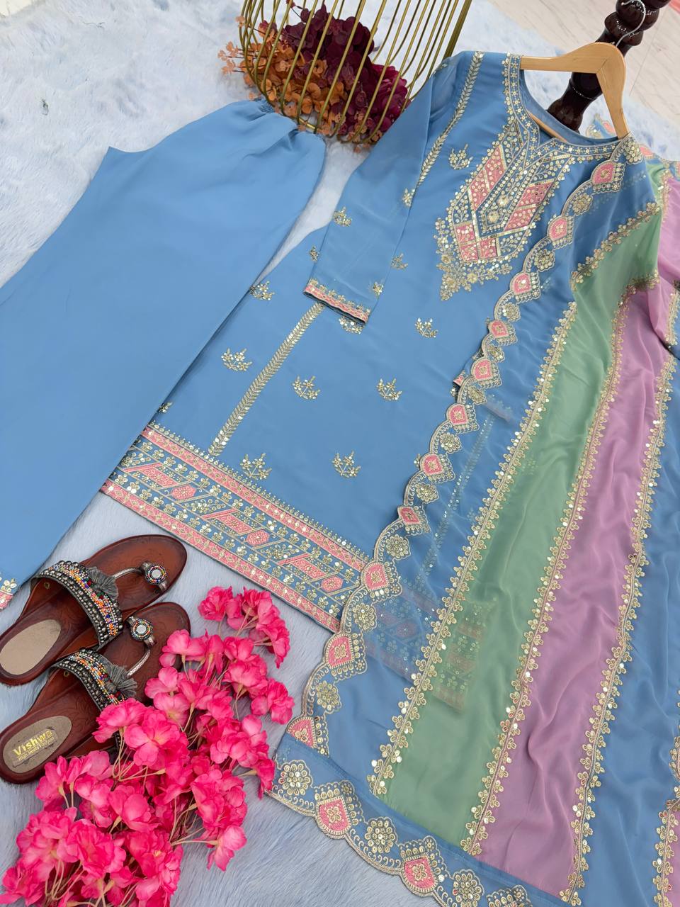 Sky Blue Premium Designer Partywear Readymade Top, Plazzo & Dupatta Set ClothsVilla