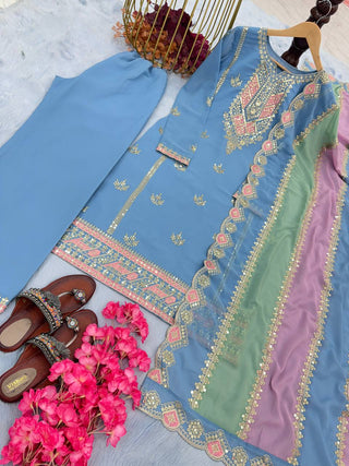 Sky Blue Premium Designer Partywear Readymade Top, Plazzo & Dupatta Set ClothsVilla