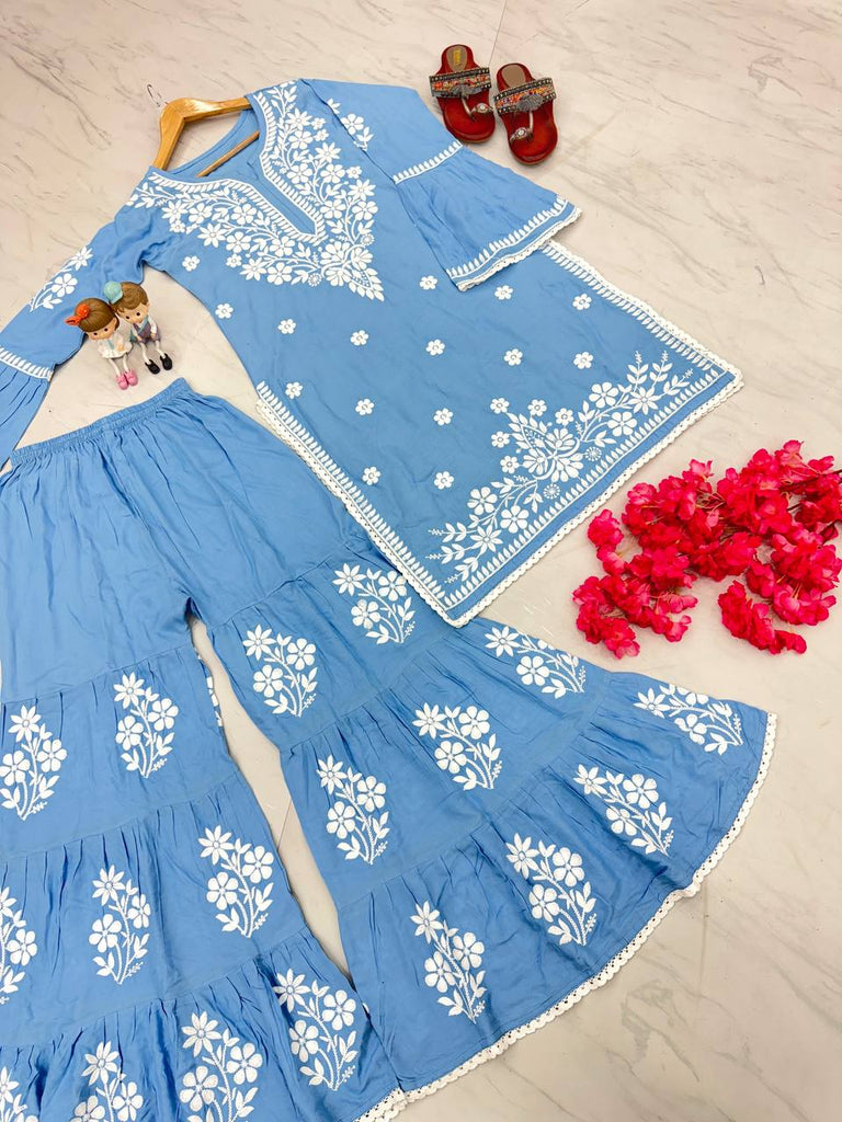 Sky Blue Premium Designer Rayon Top & Plazzo Set with Intricate Chickenkari Embroidery Clothsvilla