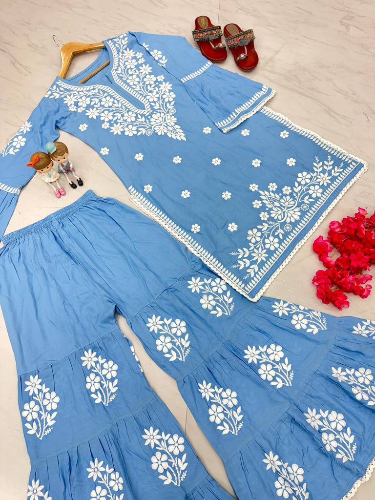 Sky Blue Premium Designer Rayon Top & Plazzo Set with Intricate Chickenkari Embroidery Clothsvilla