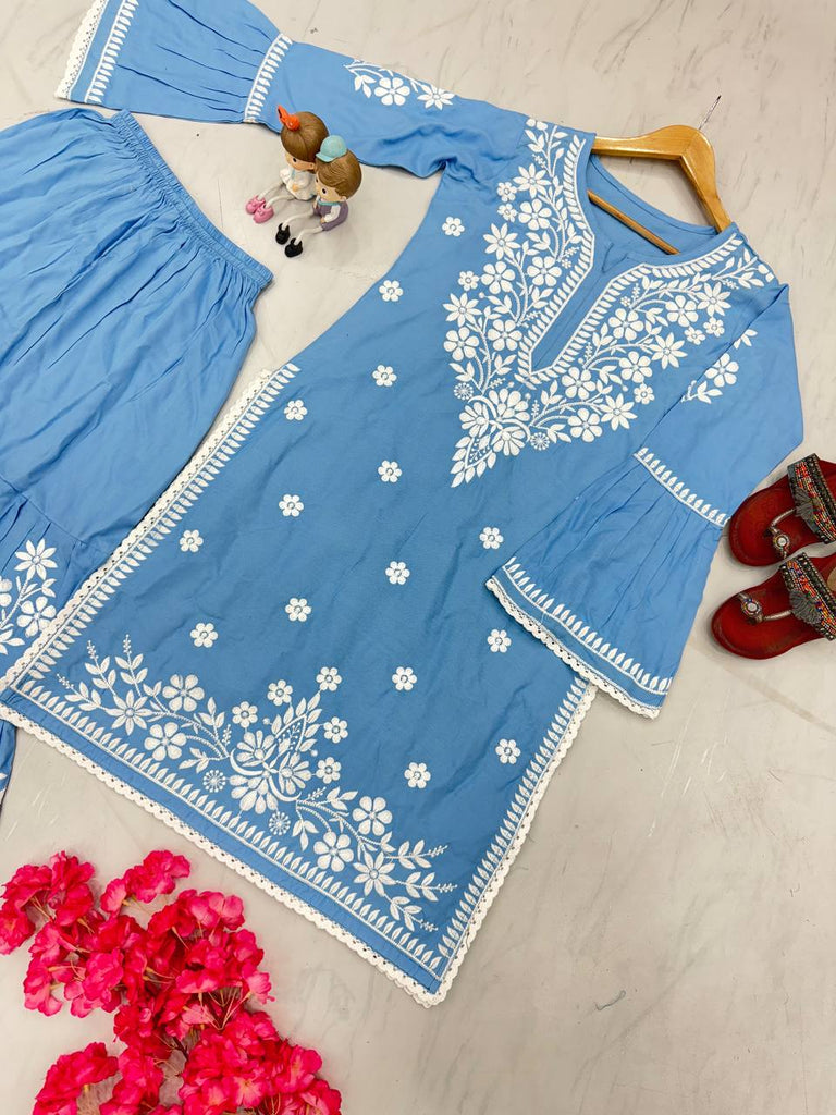 Sky Blue Premium Designer Rayon Top & Plazzo Set with Intricate Chickenkari Embroidery Clothsvilla