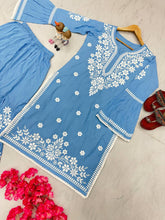 Load image into Gallery viewer, Sky Blue Premium Designer Rayon Top &amp; Plazzo Set with Intricate Chickenkari Embroidery Clothsvilla