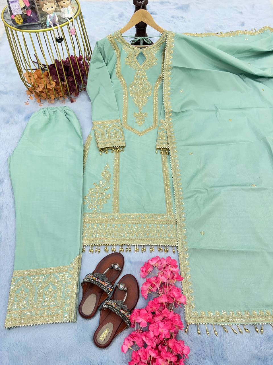 Sky Blue Premium Designer Ready-to-Wear Top, Plazzo & Dupatta Set Clothsvilla Main image