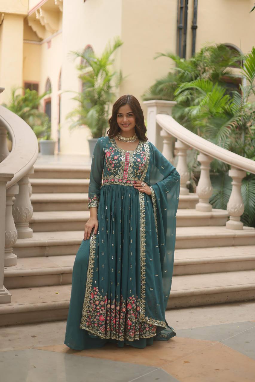 Teal Blue Premium Designer Ready-to-Wear Top-Sharara-Dupatta Collection Secondary image