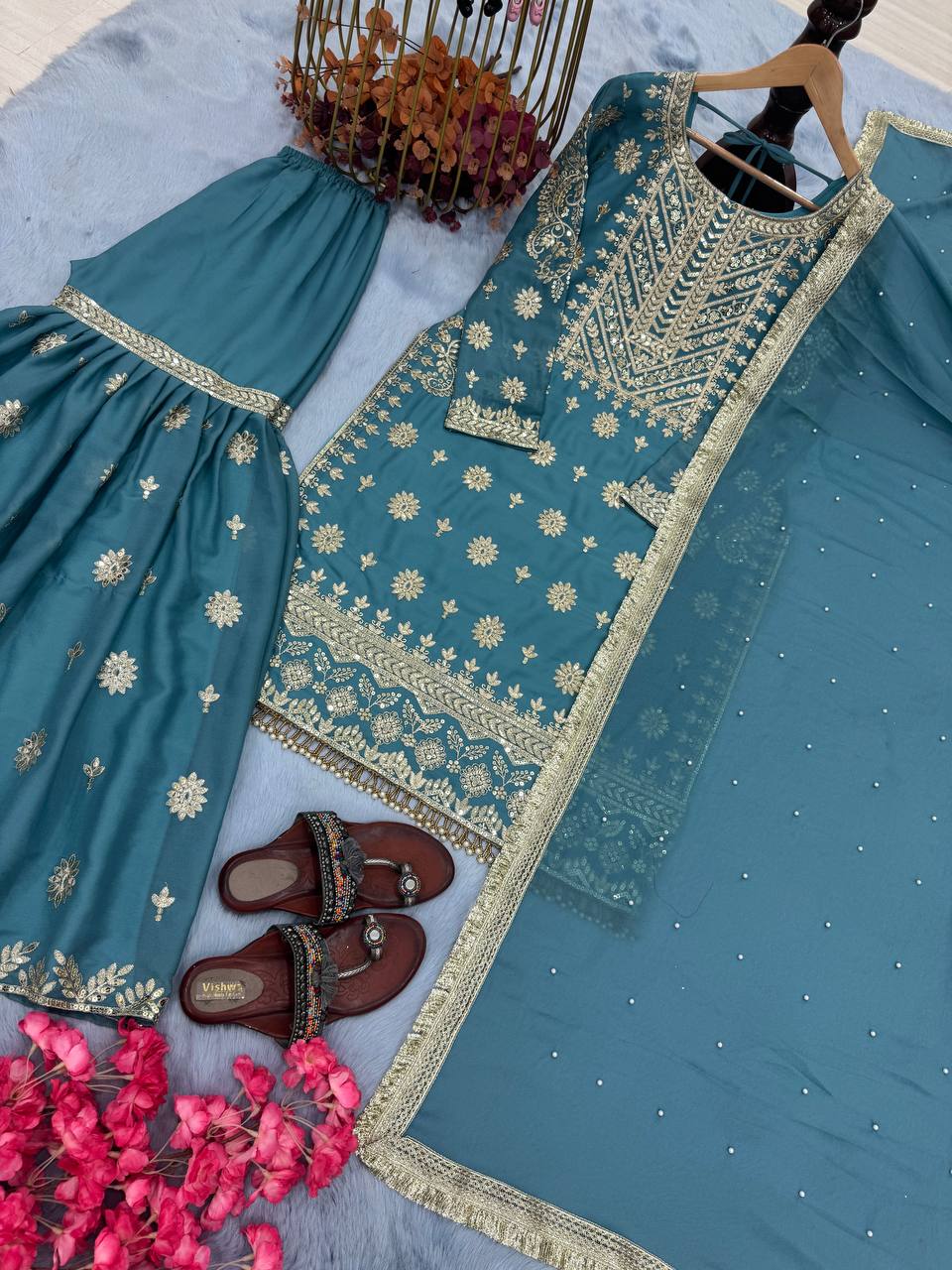 Sky Blue Premium Designer Readymade Georgette Top, Sharara, Dupatta Set Clothsvilla
