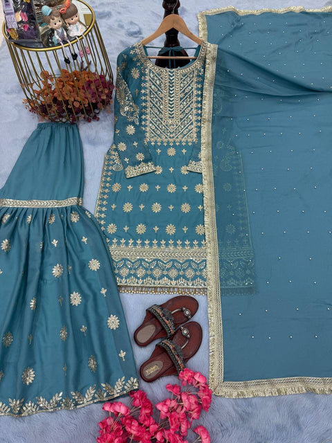 Sky Blue Premium Designer Readymade Georgette Top, Sharara, Dupatta Set Clothsvilla Main image