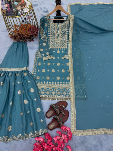 Sky Blue Premium Designer Readymade Georgette Top, Sharara, Dupatta Set Clothsvilla