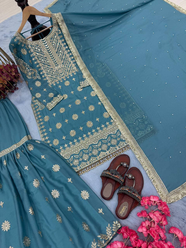 Sky Blue Premium Designer Readymade Georgette Top, Sharara, Dupatta Set Clothsvilla