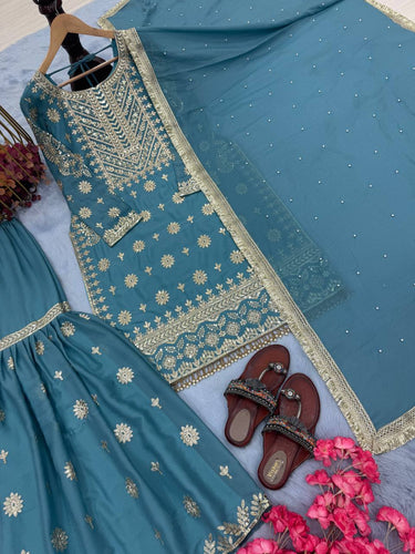 Sky Blue Premium Designer Readymade Georgette Top, Sharara, Dupatta Set Clothsvilla