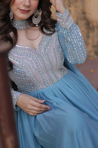 Sky Blue Premium Designer Readymade Gown with Dupatta ClothsVilla