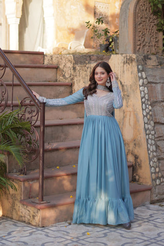 Sky Blue Premium Designer Readymade Gown with Dupatta ClothsVilla