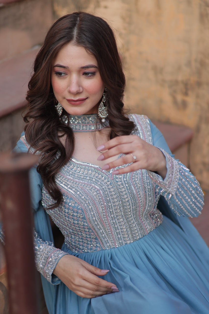 Sky Blue Premium Designer Readymade Gown with Dupatta ClothsVilla