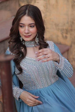 Sky Blue Premium Designer Readymade Gown with Dupatta ClothsVilla