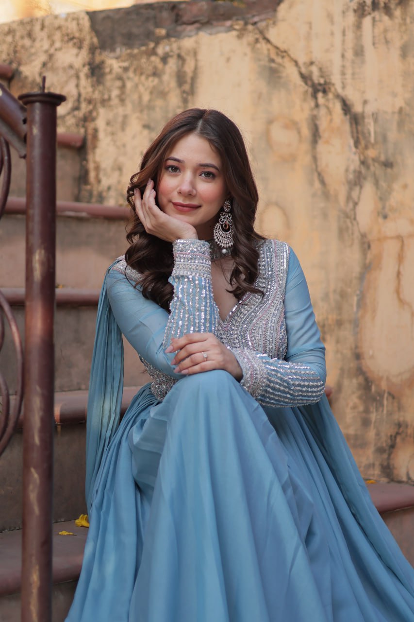 Sky Blue Premium Designer Readymade Gown with Dupatta ClothsVilla