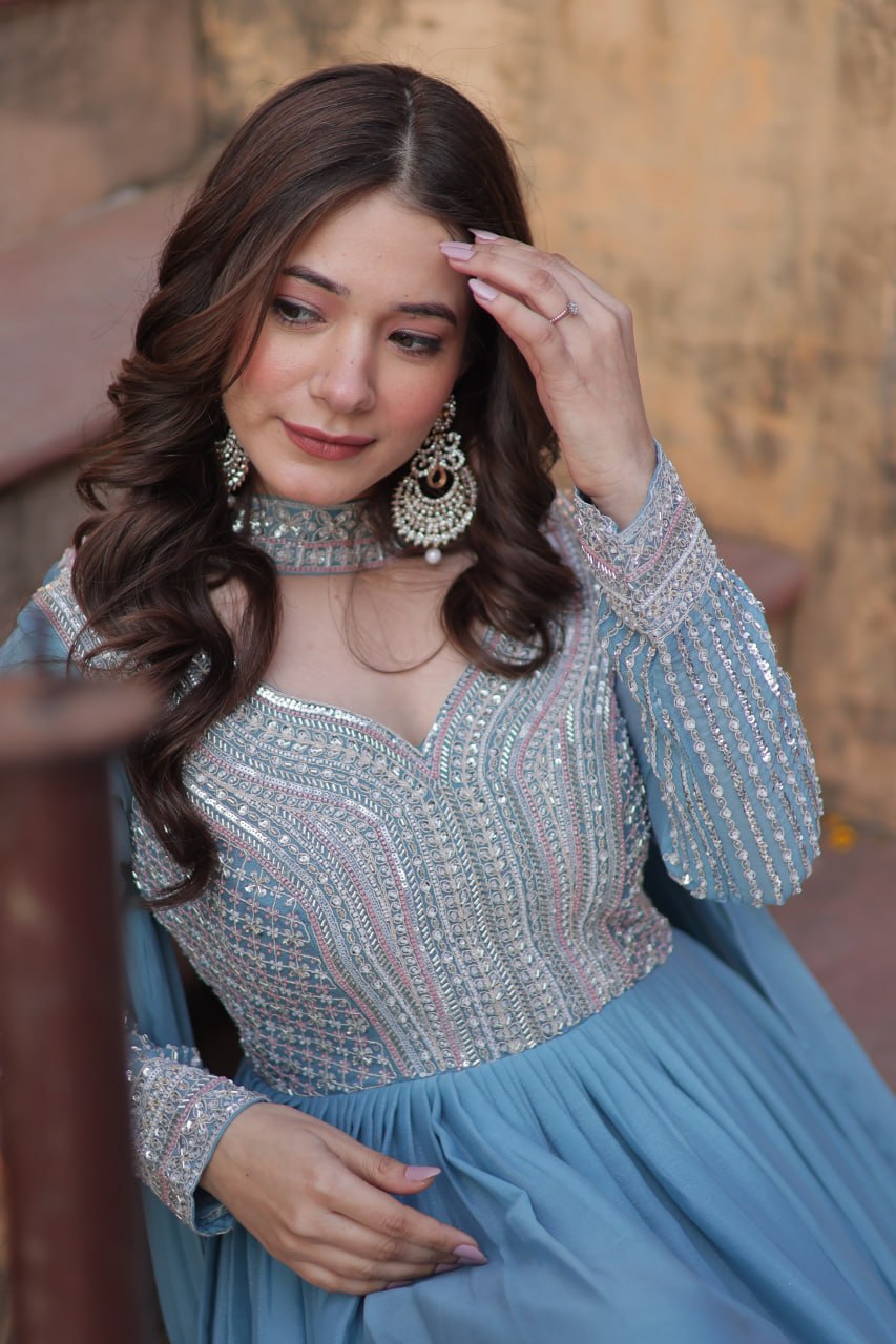 Sky Blue Premium Designer Readymade Gown with Dupatta ClothsVilla