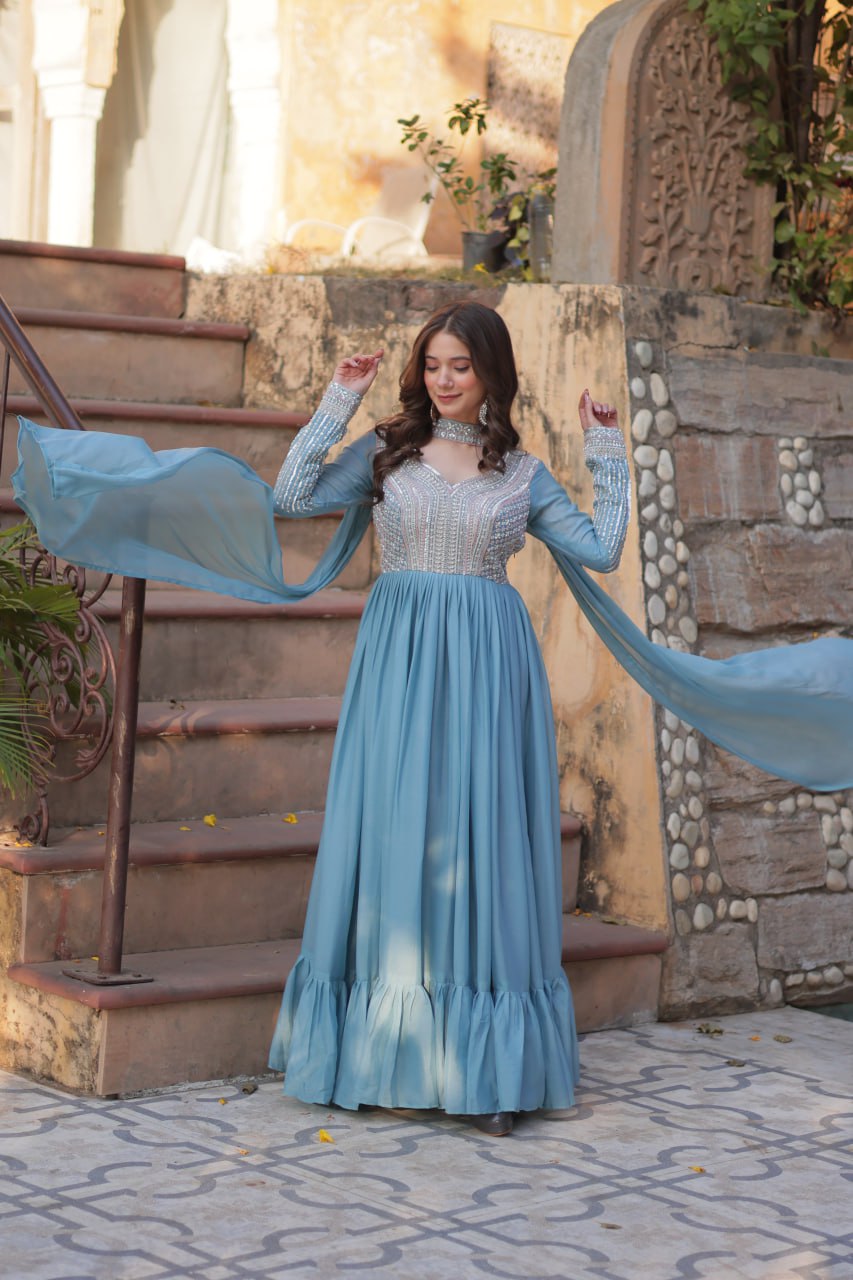 Sky Blue Premium Designer Readymade Gown with Dupatta ClothsVilla