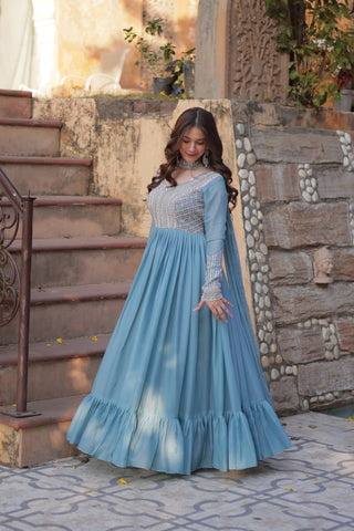 Sky Blue Premium Designer Readymade Gown with Dupatta ClothsVilla
