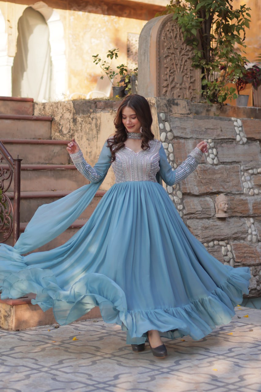 Sky Blue Premium Designer Readymade Gown with Dupatta ClothsVilla