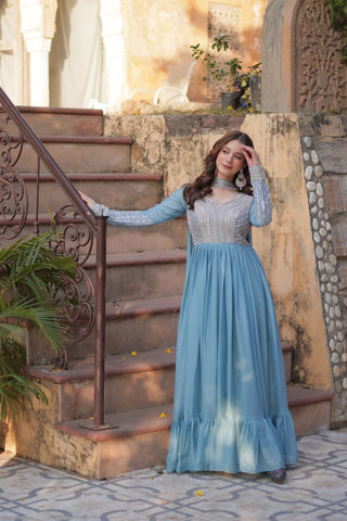 Sky Blue Premium Designer Readymade Gown with Dupatta ClothsVilla
