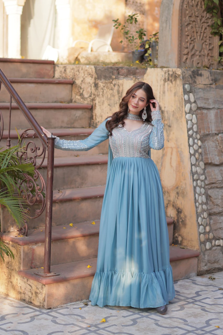 Sky Blue Premium Designer Readymade Gown with Dupatta ClothsVilla