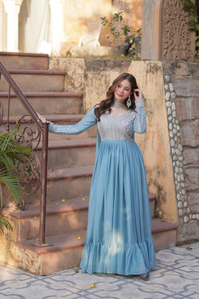 Sky Blue Premium Designer Readymade Gown with Dupatta Sky Blue Premium Designer Readymade Gown with Dupatta