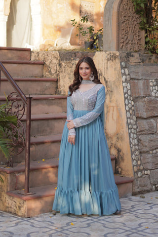 Sky Blue Premium Designer Readymade Gown with Dupatta ClothsVilla