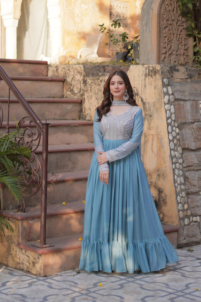 Long Sleeves Baby Blue Gown Dress Sky Blue Premium Designer Readymade Gown With Dupatta Long Sleeves Baby Blue Gown Dress Sky Blue Premium Designer Readymade Gown With Dupatta
