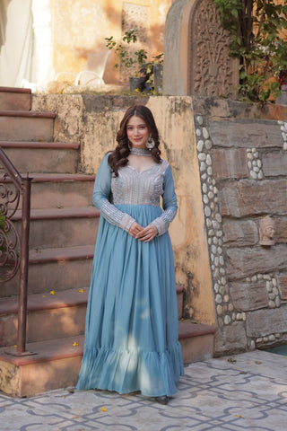 Sky Blue Premium Designer Readymade Gown with Dupatta ClothsVilla