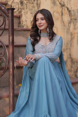Sky Blue Premium Designer Readymade Gown with Dupatta ClothsVilla