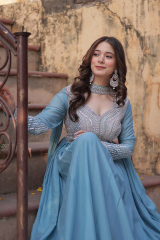 Sky Blue Premium Designer Readymade Gown with Dupatta ClothsVilla