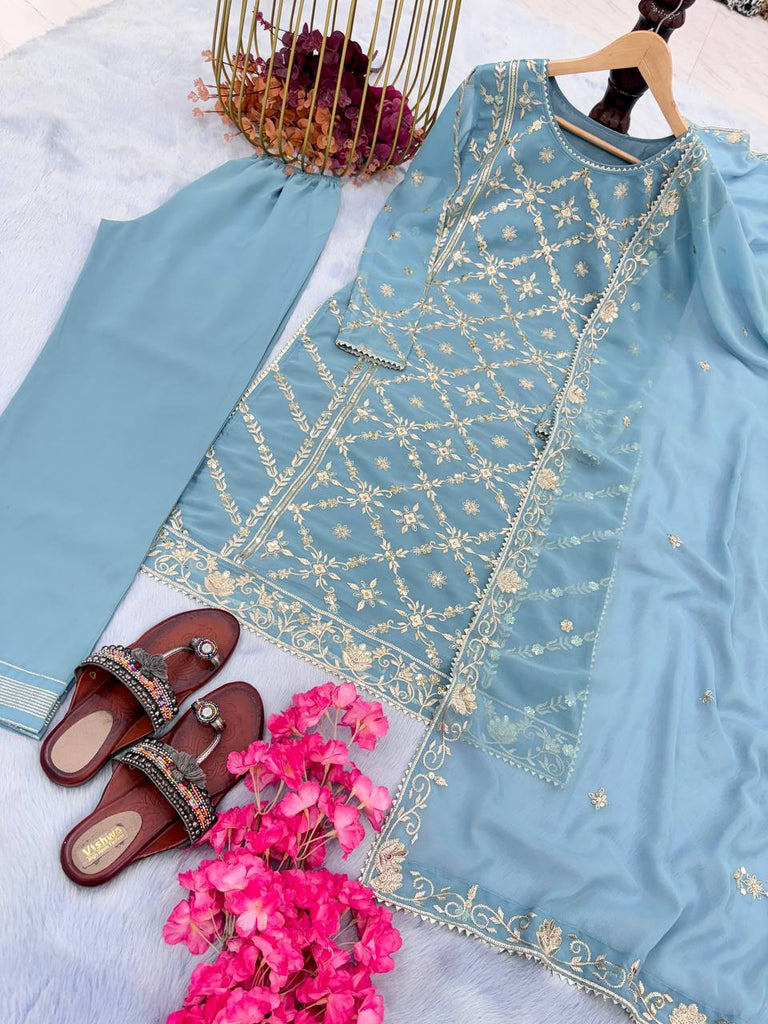 Sky Blue Premium Designer Readymade Top, Palazzo & Dupatta Collection – Party Wear Set Clothsvilla