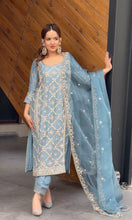 Load image into Gallery viewer, Sky Blue Premium Designer Readymade Top, Palazzo &amp; Dupatta Collection – Party Wear Set Clothsvilla