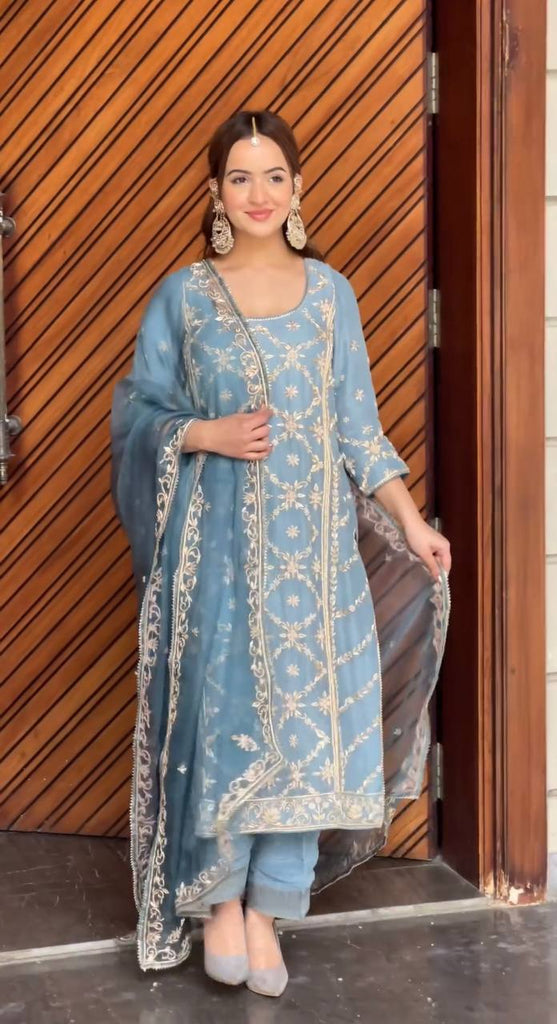 Sky Blue Premium Designer Readymade Top, Palazzo & Dupatta Collection – Party Wear Set Clothsvilla