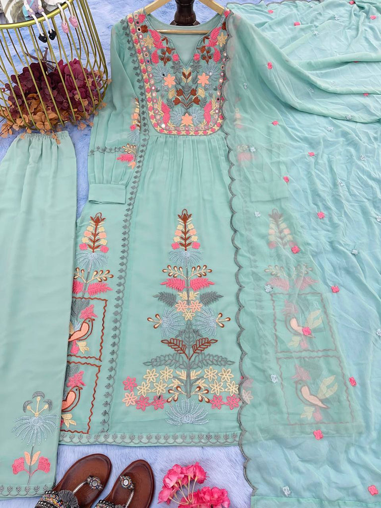 Sky Blue Premium Designer Readymade Top, Palazzo & Dupatta Set ClothsVilla