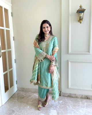 Sky Blue Premium Designer Readymade Top, Plazzo & Dupatta Collection ClothsVilla