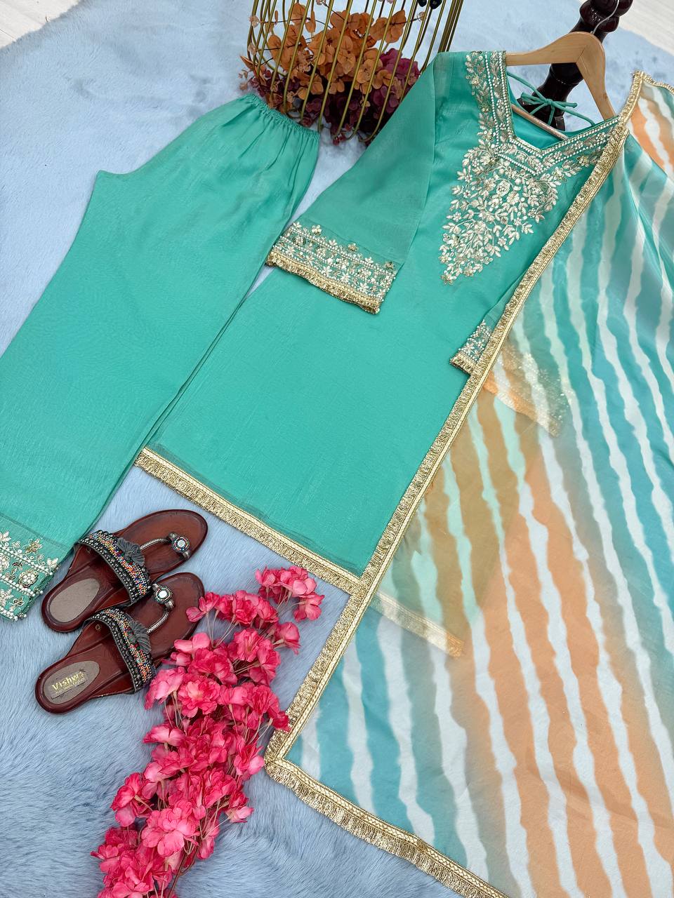 Sky Blue Premium Designer Readymade Top, Plazzo & Dupatta Collection ClothsVilla